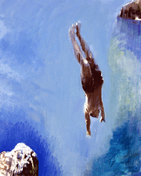 painting of boy diving from rocks at Siracuse Sicily